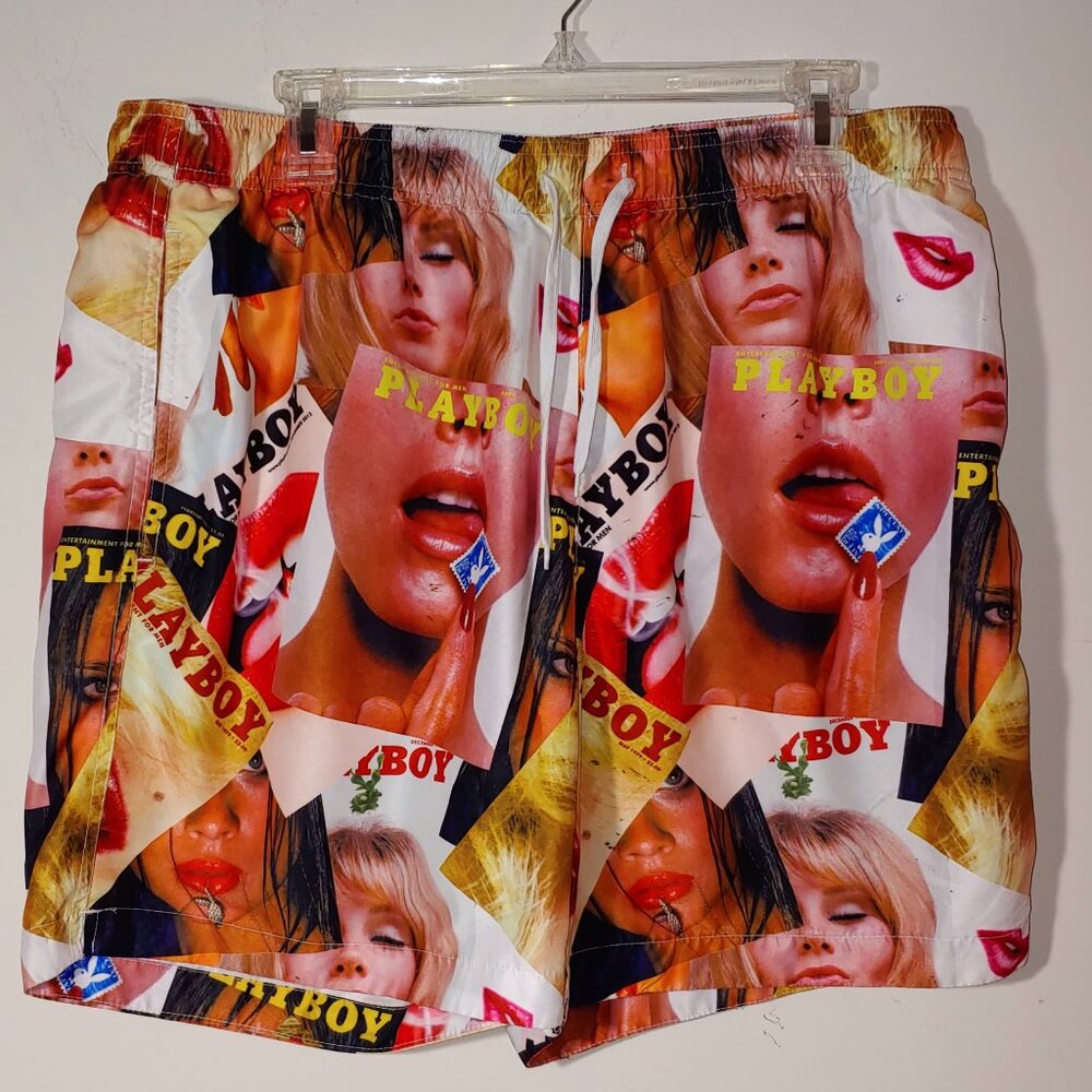 Pacsun Playboy Magazine Collage Swim Trunk Shorts Size XL Tan